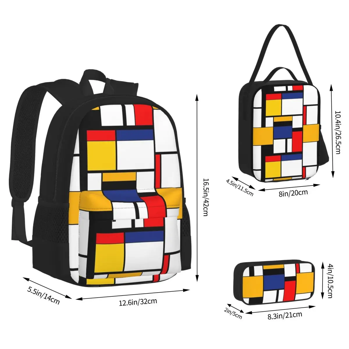 Funny Piet Mondrian Minimalist De Stijl Modern Art Backpacks Bookbag School Bags Rucksack Lunch Bag Pen Bag Three-Piece Set