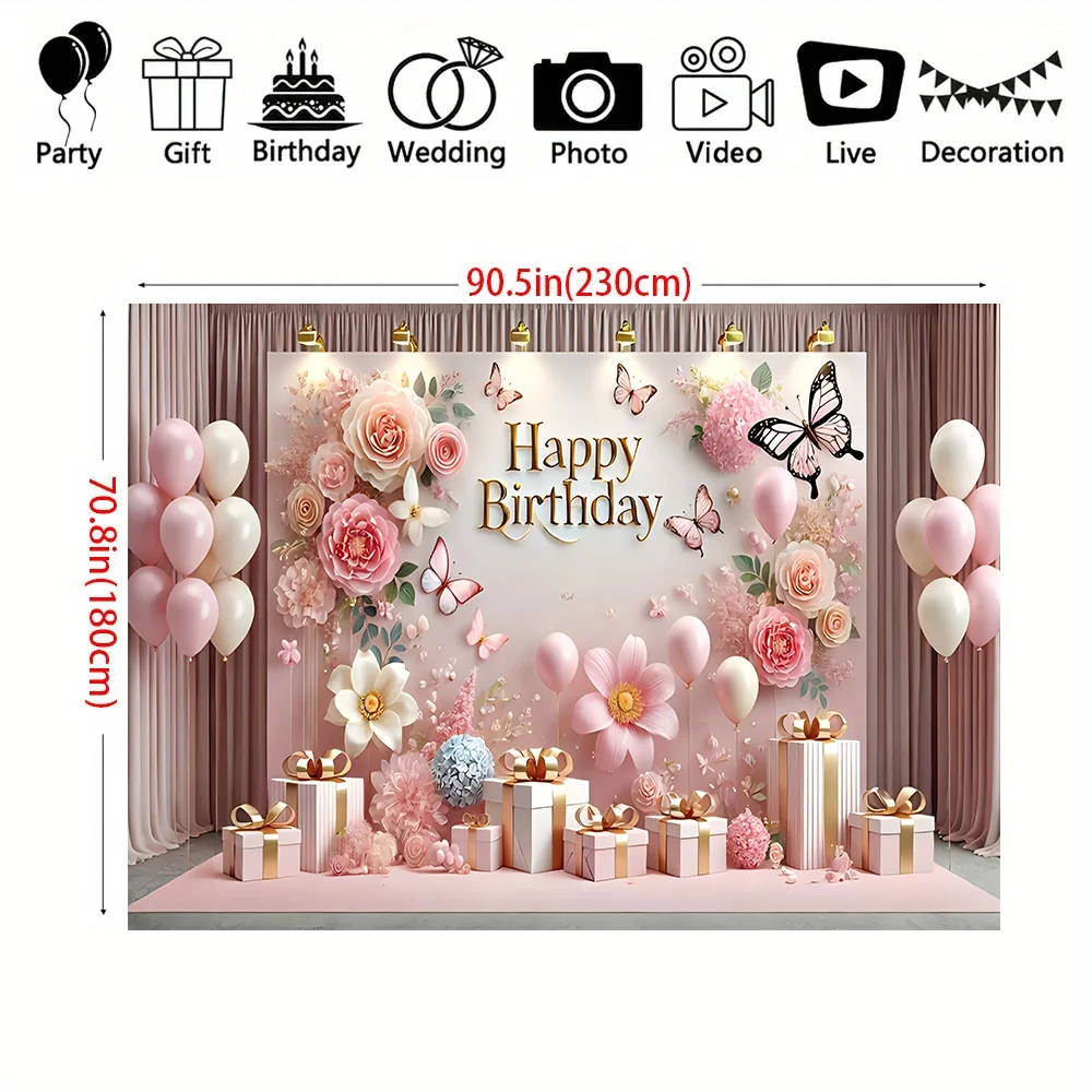 1pc pink theme Birthday party banner, polyester material, multi-size, butterfly and balloon design, suitable for birthday partie