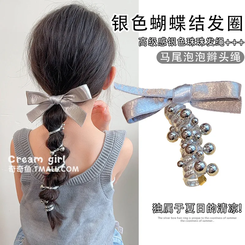 

Children's Silver Bow Hair Band Girls Beads Phone Line Headband Ponytail Girl Bubble Braid Hair Artifact