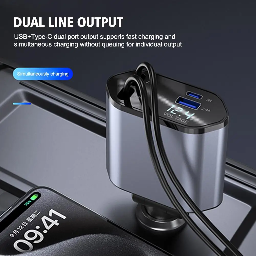 

120W 4 IN 1 Retractable Car Charger USB Type C Cable For IPhone Fast Charge Cord Cigarette Lighter Adapter U3E8