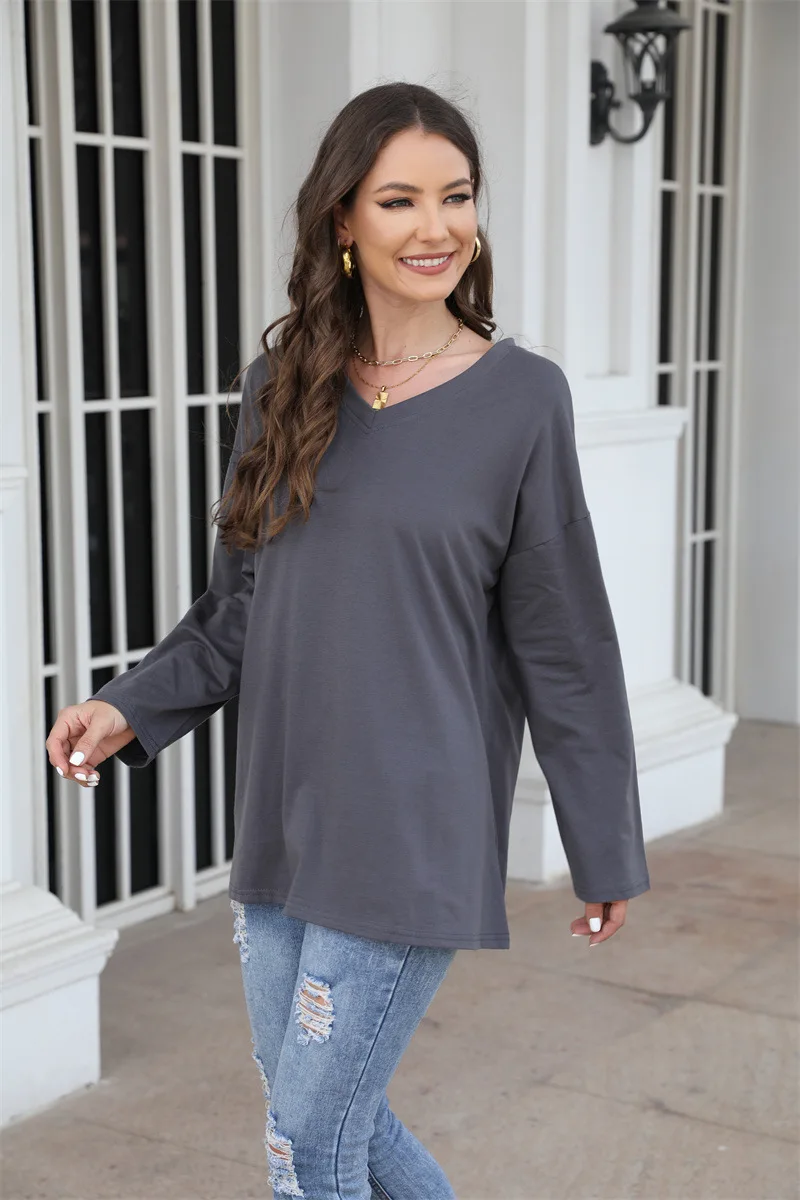 تي شيرت نسائي بأكمام طويلة 2025 ربيع الخريف فضفاض الكتف الأكمام الخامس الرقبة الصلبة بلايز امرأة المرأة بلايز تي شيرت #4