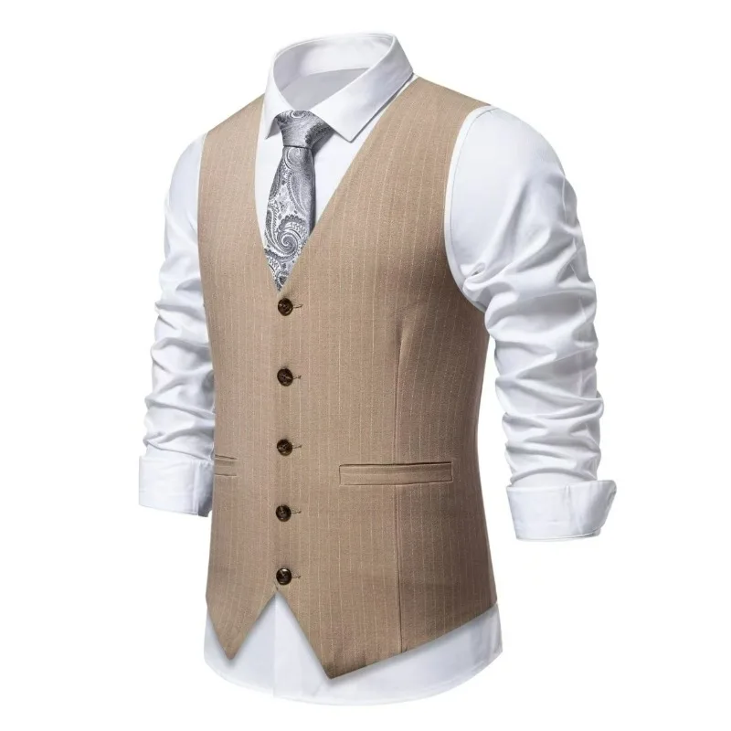 KIDWHXR Men Suit Vest British Style Striped Business Casual Man Waistcoat Slim V-neck Single-breasted Versatile Male Vest