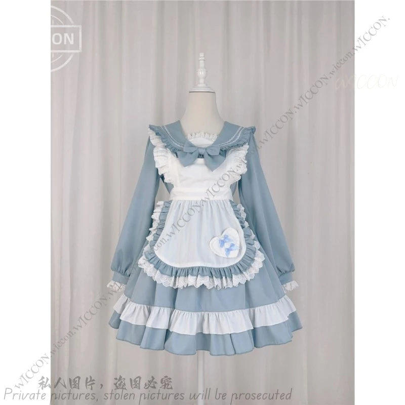 Costume da marinaio carino giapponese, grembiule da cameriera, colletto blu scuro, manica lunga, abito Lolita, rosa blu, donna SL, set di abiti per appuntamenti Kawaii