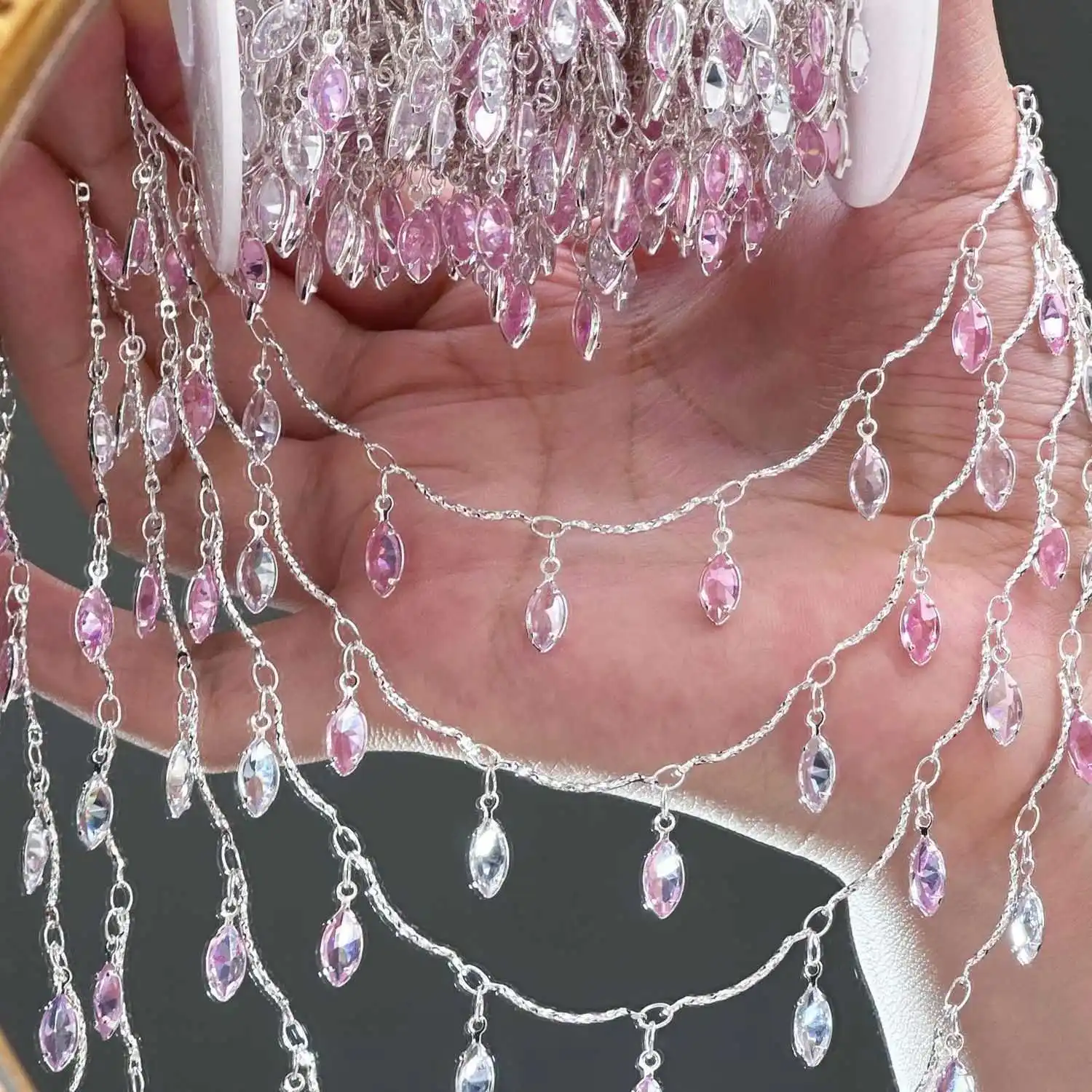 

0.5/1/2M/lot Pink And White Horse-eye Zircon Curved Stick With Faceted Copper Chain For DIY Bracelet Necklace Clothing Accessory