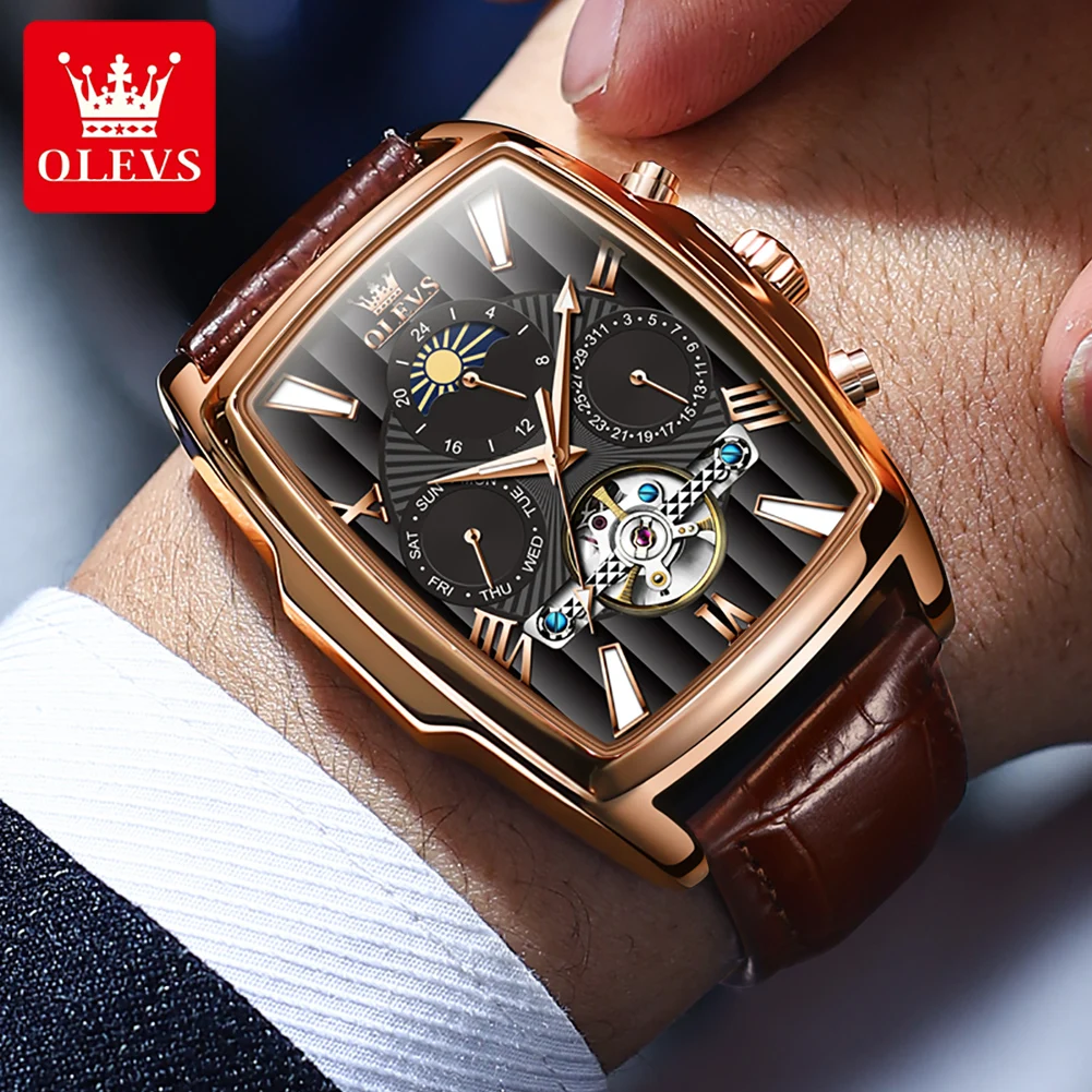 

OLEVS 6675 Mens Watch Automatic Mechanical Square Watch Multifunctional Week Date Moon Luxury Watch For Men Waterproof Luminous