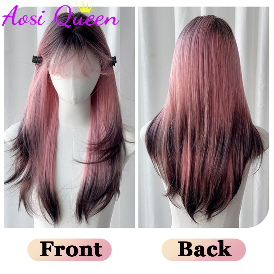 AOSI Black Pink Ombre Synthetic Wigs For Cosplay Long Straight Layered Wigs With Bangs For Women Heat Resistant Fake Hair