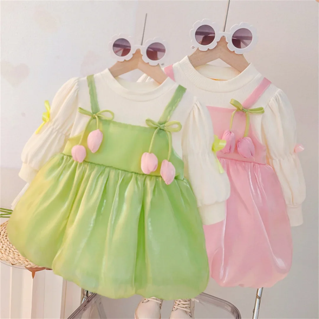 

Baby Girl One-piece Dress 1-4Y Birthday Tulip Bud Princess Dress Puff Sleeve Shiny Suspender Bubble Dress Kid Girl Party Clothes