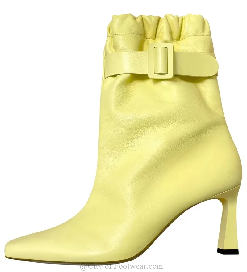 

Square Toe Leather Ankle Boots Yellow/Black/Blue High Heels Buckled Booties 2024 New in Luxury Designer Big Size Shoes