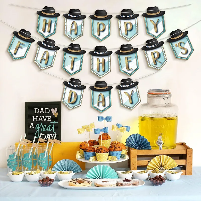 Father's Day Letters Fishtail Paper Flags with Fedora Hat Banner Backdrop Set for Happy Fathers Day Celebration Party Decoration