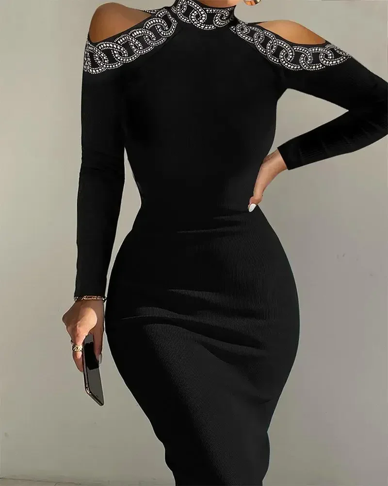 حجر الراين التباين شبكة كم طويل بريق Bodycon فستان المرأة ملفوفة فساتين طويلة سليم صالح غمد فساتين السهرة حفلة موسيقية