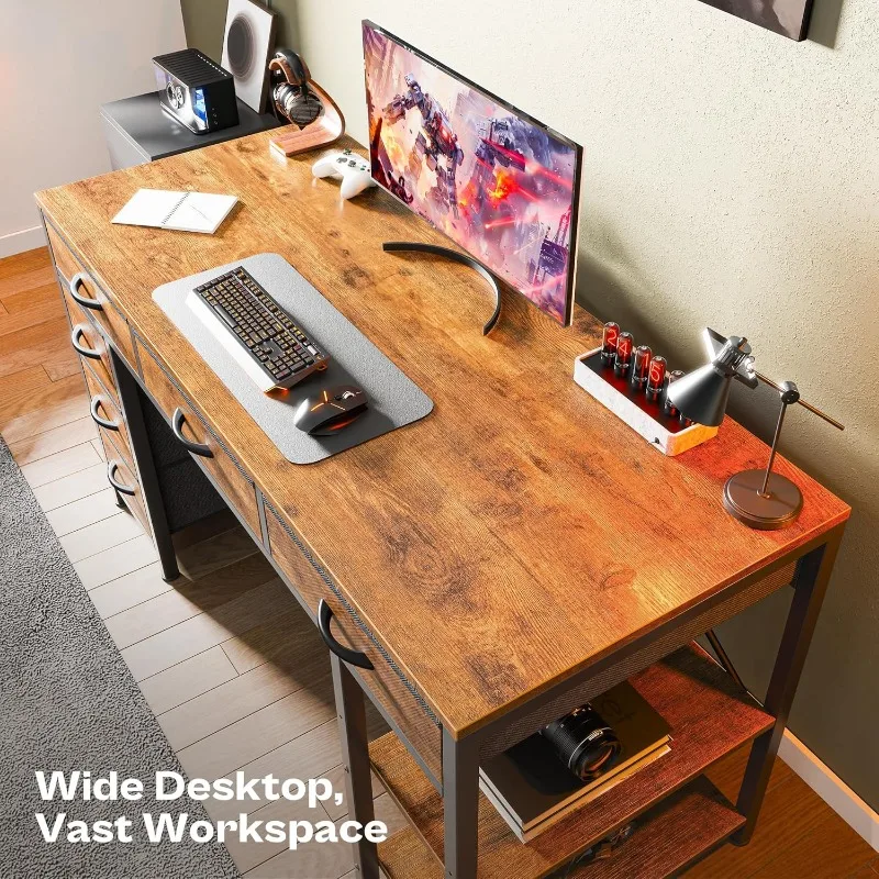 Computer Desk with 6 Drawers, Corner Desk with Storage, Work Desk for Home Office, Study, Living Room, Rustic Brown