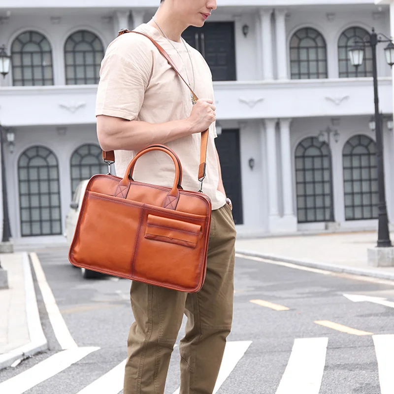 JLFGPJ Vegetable Tanned Top Layer Leather Horizontal Business Briefcase For Men\'s Retro Cowhidde  Fashion Crossbody Handbag