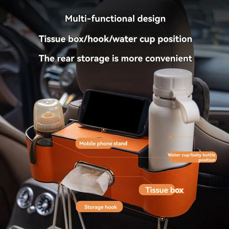 Super Sale Universal Car Multi-Functional Seat Back Storage Bag Tissue Box with 2 Drink Holders 2 Hook Built-in Phone Holder Whi