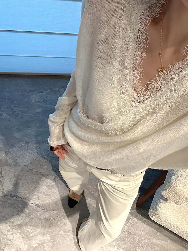 

Белый кружевной вязаный свитер с V-образным вырезом для женщин, осенне-зимний, элегантный, премиум-класса, базовый слой, внутренний топ