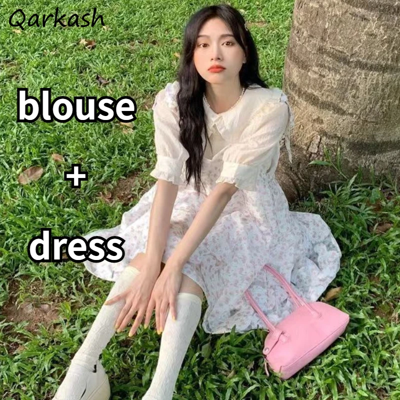 2 Pcs Sets Women Floral Mini Dresses Peter Pan Collar Blouses Sweet Prairie Chic Fashion Teens Aesthetic Ulzzang Casual Girlish