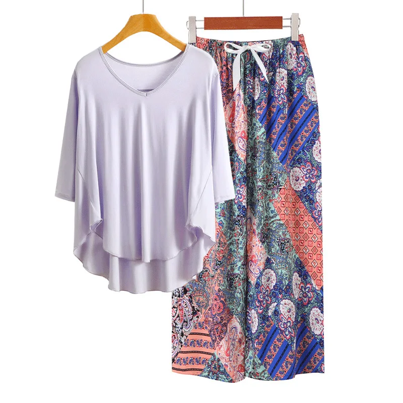

Summer Modal Short Sleeve Pajamas Sets 2pcs Lightweight Viscose Homewear Cropped Wide Leg Pants Ruffle Top Lady's Loungewear