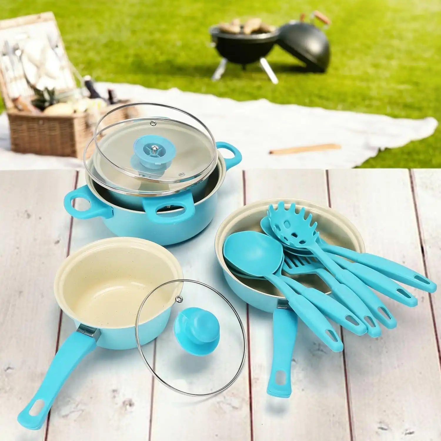 

13PCS Premium Non-Stick Cookware Set. Pots, Pans, Lids & Utensils, great for healthy home and outdoor cooking.