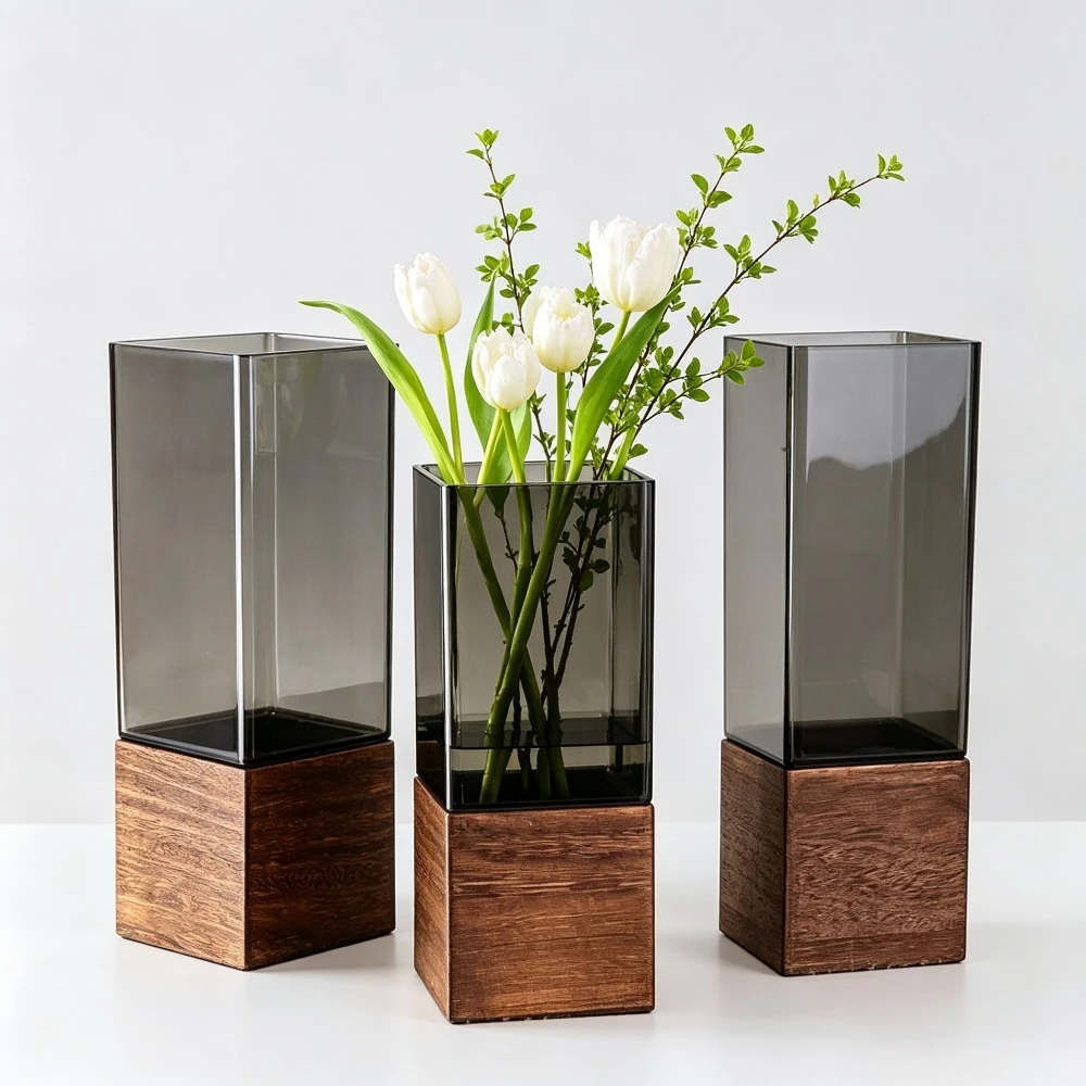 Minimalist Square Hydroponic Vase Wood Texture Base Flower Container Art Ornament Home Kitchen Living Room Party Decoration