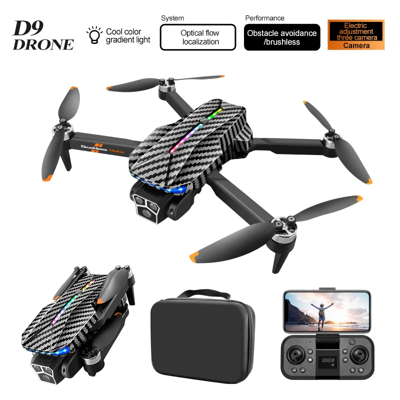 D9 Remote Control Quadcopter Gradient Light Carbon Fiber Obstacle Avoidance Brushless Motor 4k Professional Drone Toy Gift