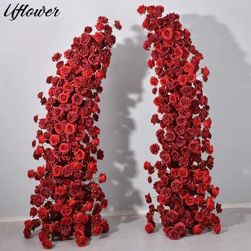 

Uflower Red Rose peony Flower Row Runner Arrangement Wedding Backdrop Flower Wall Horn Arch Deco Event Stage Party Floral Stand