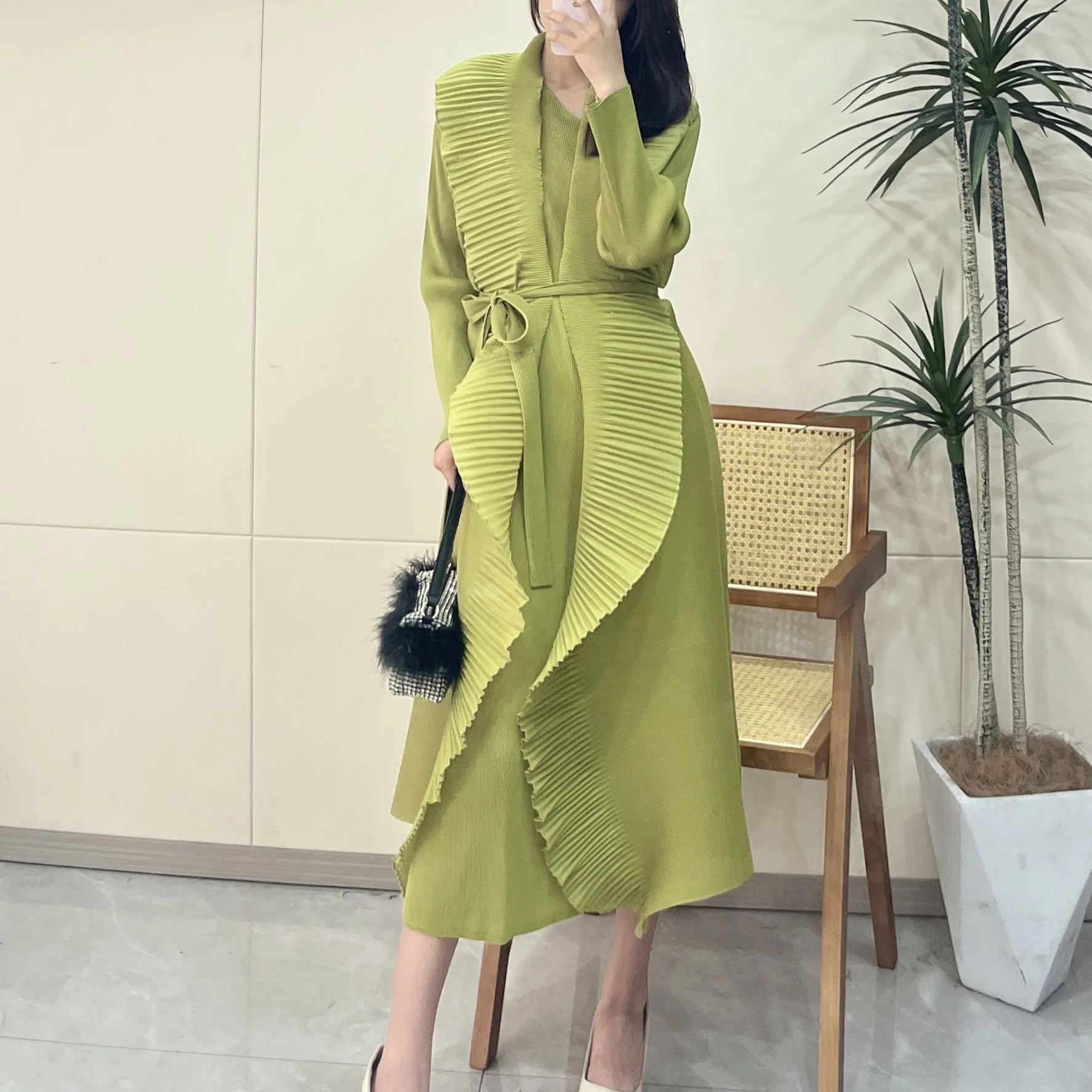 

Pleats Pleated Original Cardigan Dress Ruffled 2024 Spring And Summer New Elegant Dresses Women Solid Color Long Dresses