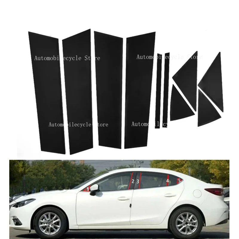 10PCS Glossy Black Pillar Posts Fit For  Mazda 3 Axela 2014 2015 2016 2017 2018   Window Moulding B C Center Sticker Cover