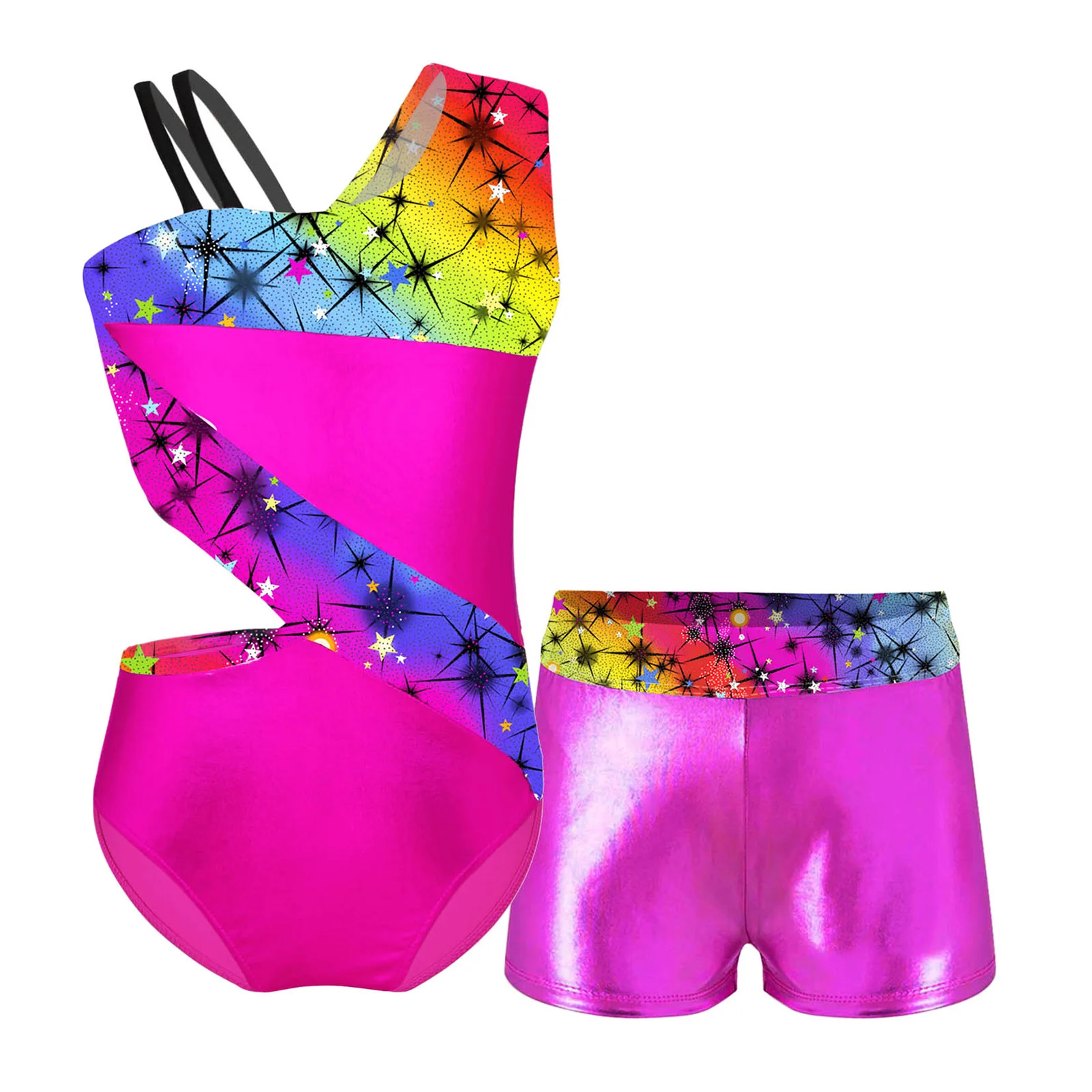 Kids Girls Gymnastics Dance Bodysuit Costumes Fashion Dance Outfits Sleeveless Printed Sports Dance Leotard Bodysuit with Shorts