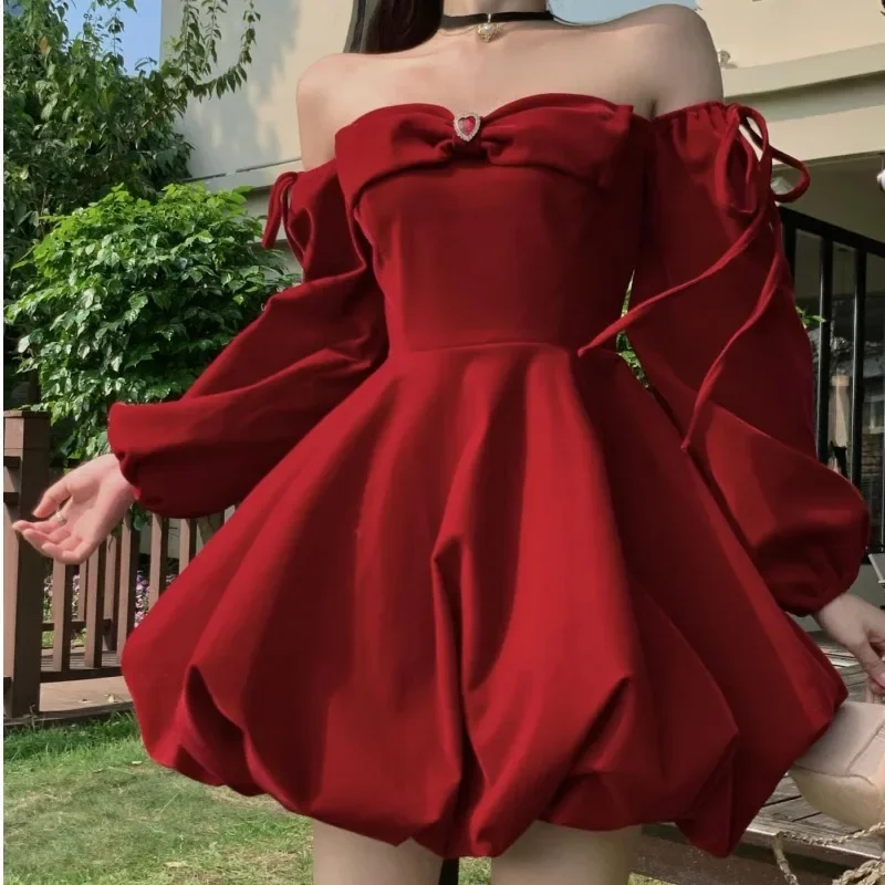 MiiiiX Retro Red Velvet Off-shoulder A-line Elegant Party Dress Slim Bow Design Short Evening Gowns New Autumn Women's Clothes