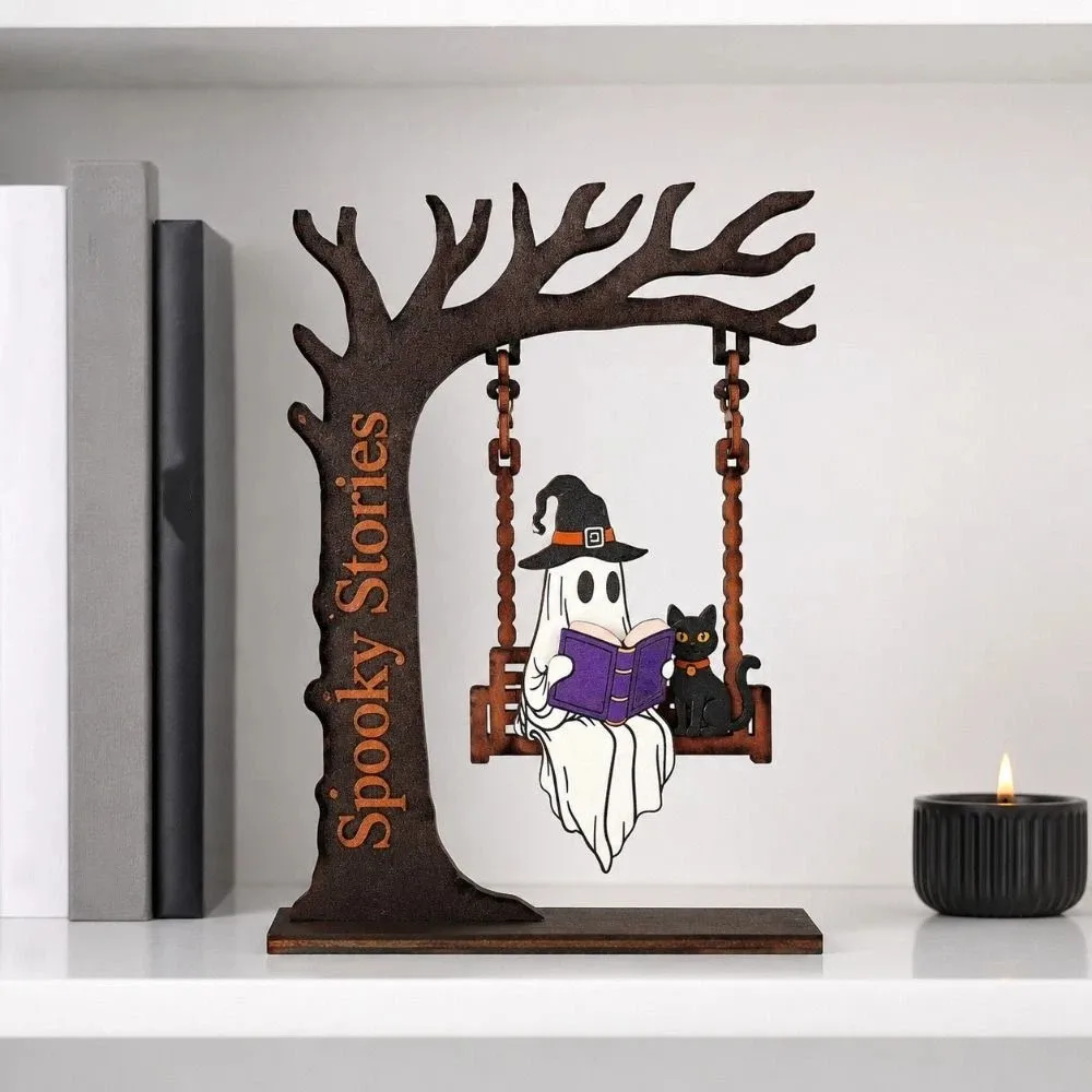 Hand Carved Reading Ghost Swing Ornament Spooky Dark Style Dead Tree Ghost Bookshelf Sign Fall Themed Gothic