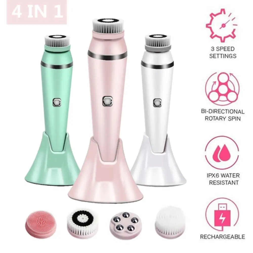 Escova de Limpeza Facial 4 em 1 Elétrica à Prova d'Água, Esfoliador Rotativo Recarregável para Limpeza Profunda dos Poros e Cuidados com a Pele