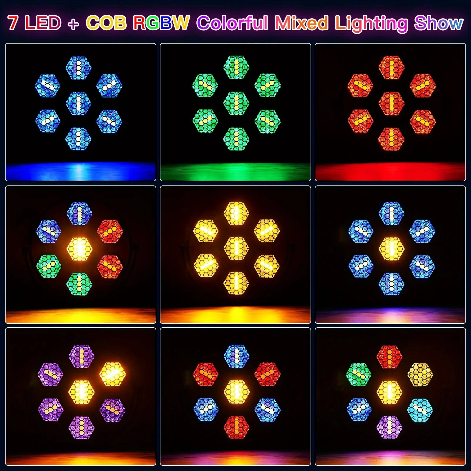 350W Rgbw Four-In-One Uplighting Light with 7 Cob Leds Stage Spotlight, Hexagonal Retro Light with Dmx Sound Control Function, Suitable for Dj Stage Background Color Mixing Effects at Parties, Disco Performances, and Wedding Churches