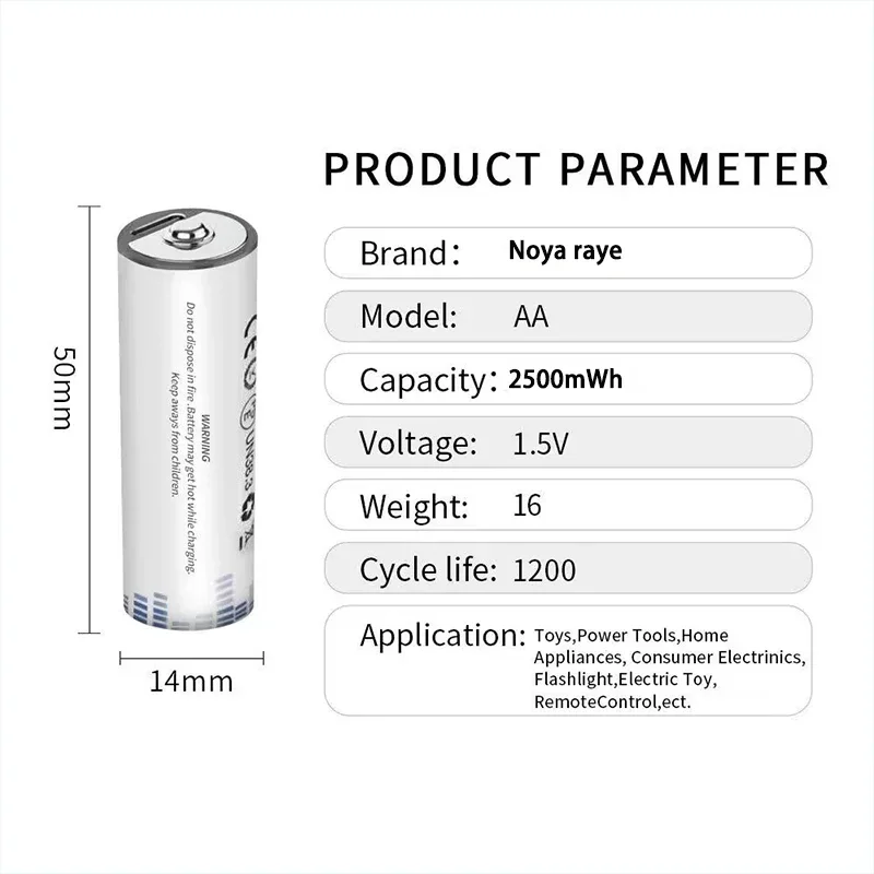 AA Rechargeable Battery 1.5V AA USB Lithium Ion Battery with Capacity 2500mWh for Romote Control LED Toy Keyboard