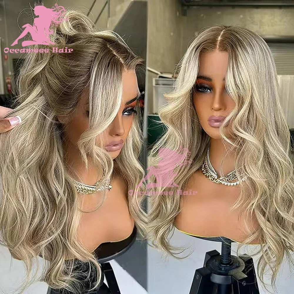 Natural Wave Brasileira Virgem Perucas de Cabelo, Destaque Marrom, Loiro Platina, 13x6 Lace Frontal Perucas, 100% Cabelo Humano, Renda Transparente