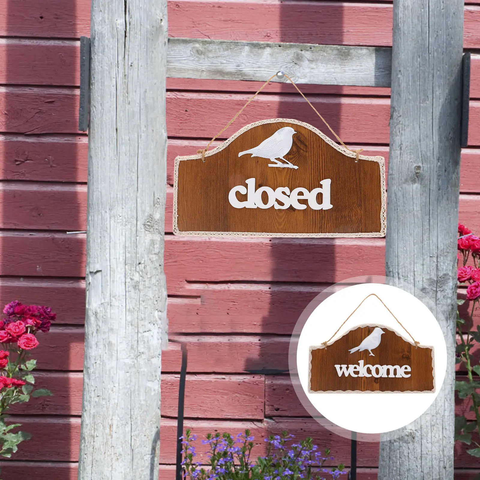 Reversible European Style Wood Welcome Sign Double Sided Bird Motif for Indoor Outdoor Use Home Decor Business Open Closed Door