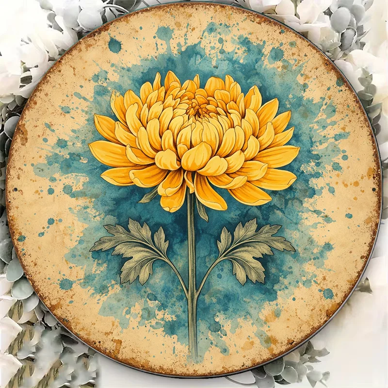 2D Flat - 1pc 8*8In/20X20Cm 2D Flat Round Sign, Vintage Plaque about Chrysanthemums, Autumn Floral Decorative Sign, Suitable for