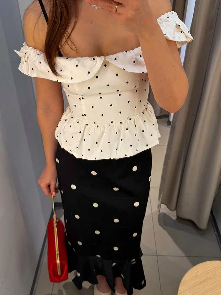 Wave Point Ruffle Top Skirt Sets Women Elegant Chest Wrap Sleeveless Backless Top Midi Skirts Set Female 2026 Summer Lady Suit