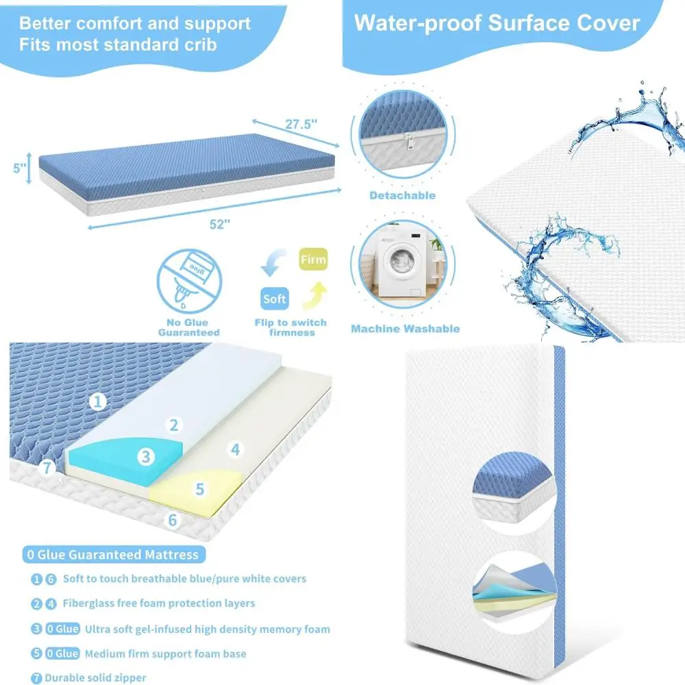 

Двусторонний матрас с защитой от запаха и шума - 5 x 27.5 x 52, 2-уровневая поддержка, водонепроницаемый, моющийся, белый и синий