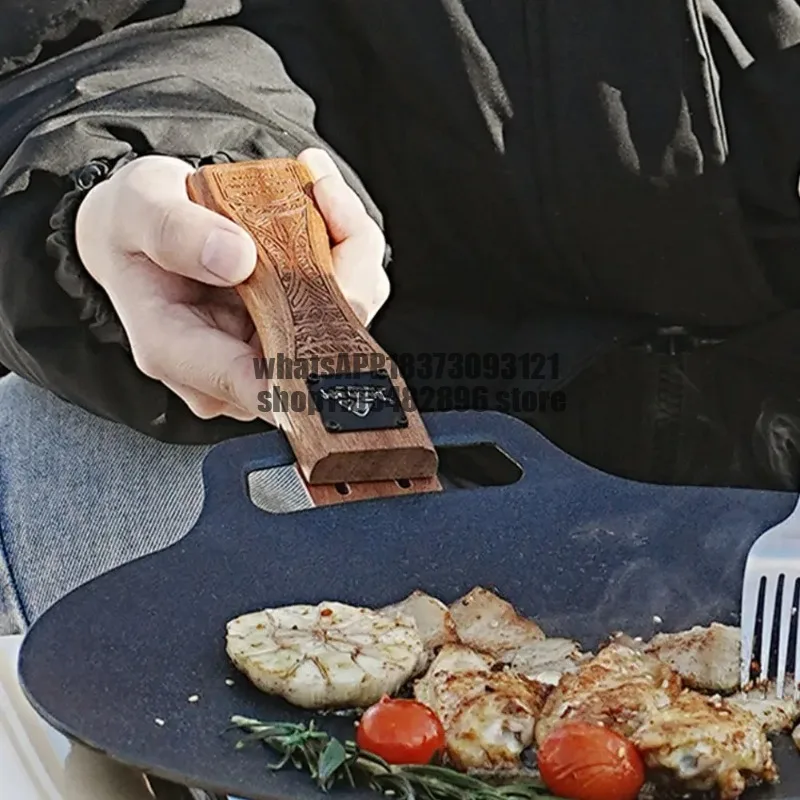Outdoor Grill Pan Handle Anti-scald Solid Wood Handle Adjustable Grill Pan Clip Insulated Handle Camping Picnic Cookware Tools