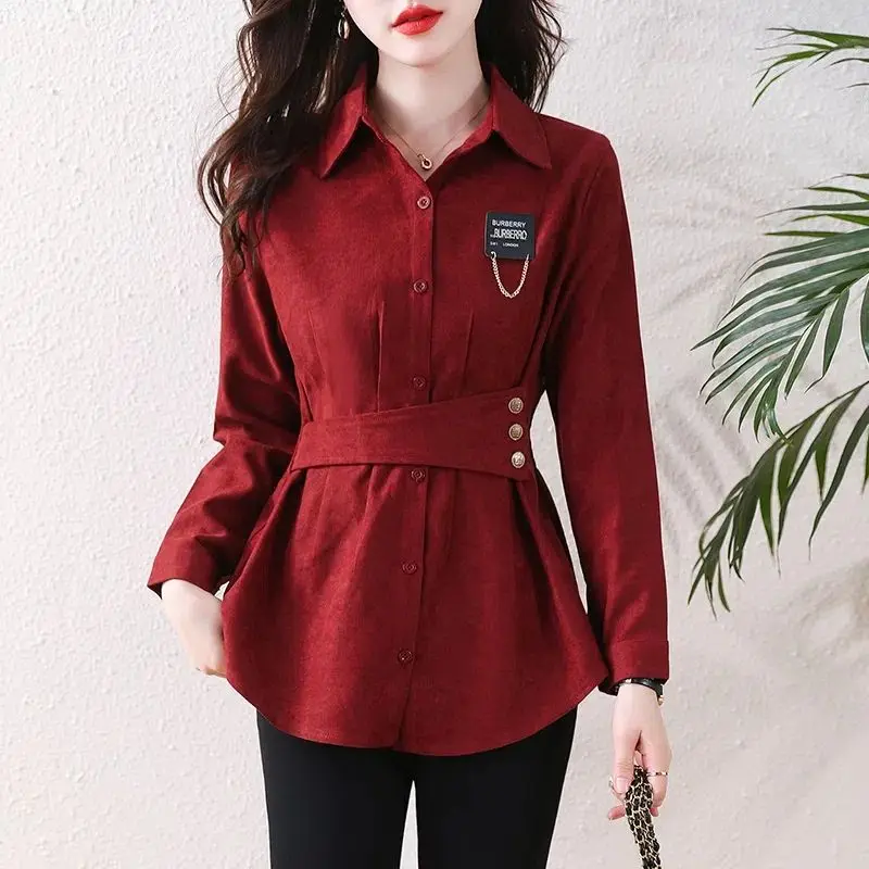 Casual coreano bandagem cintura manga longa camisa moda roupas femininas outono elegante chique polo-pescoço botão blusa de cor sólida