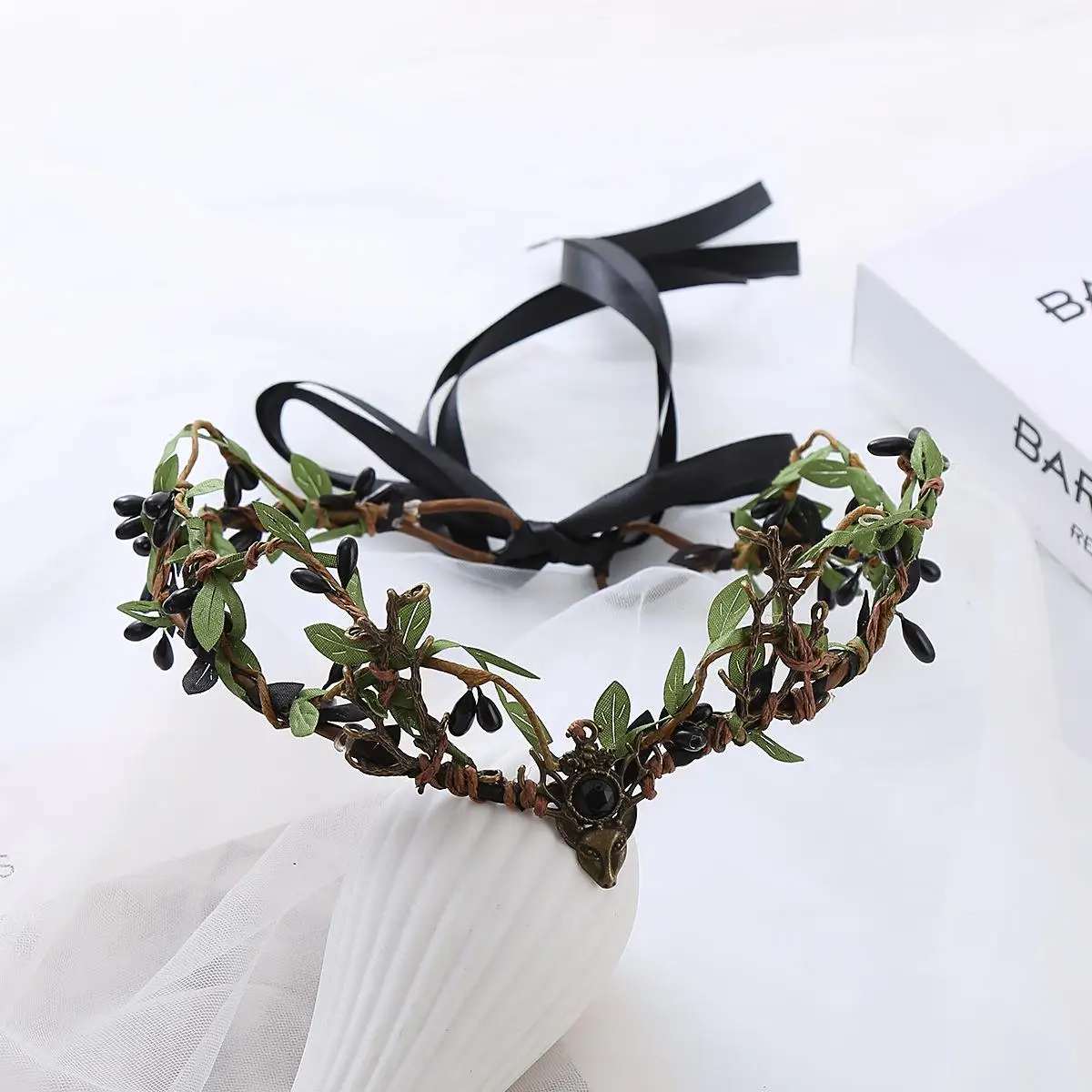 

Gothic Fairy Black Green Antler Crown Halloween Cosplay Photos Ren Faire Costume Wedding Party Forest Headpiece for Women
