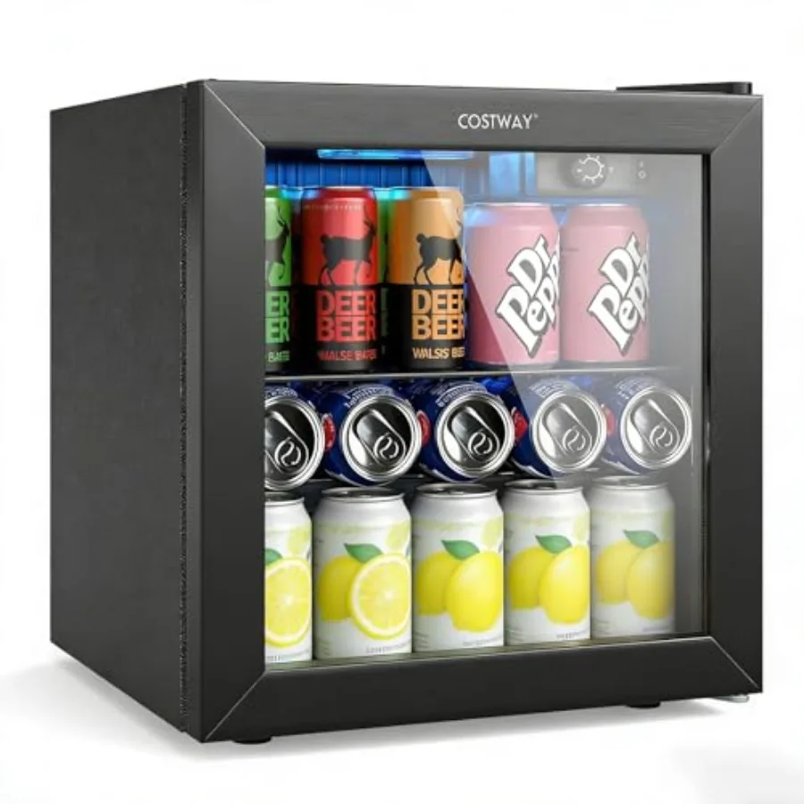 

Beverage Refrigerator Cooler for home bar use, tempered glass door, black, compact 1.3 cu. ft. capacity with removable shelf an