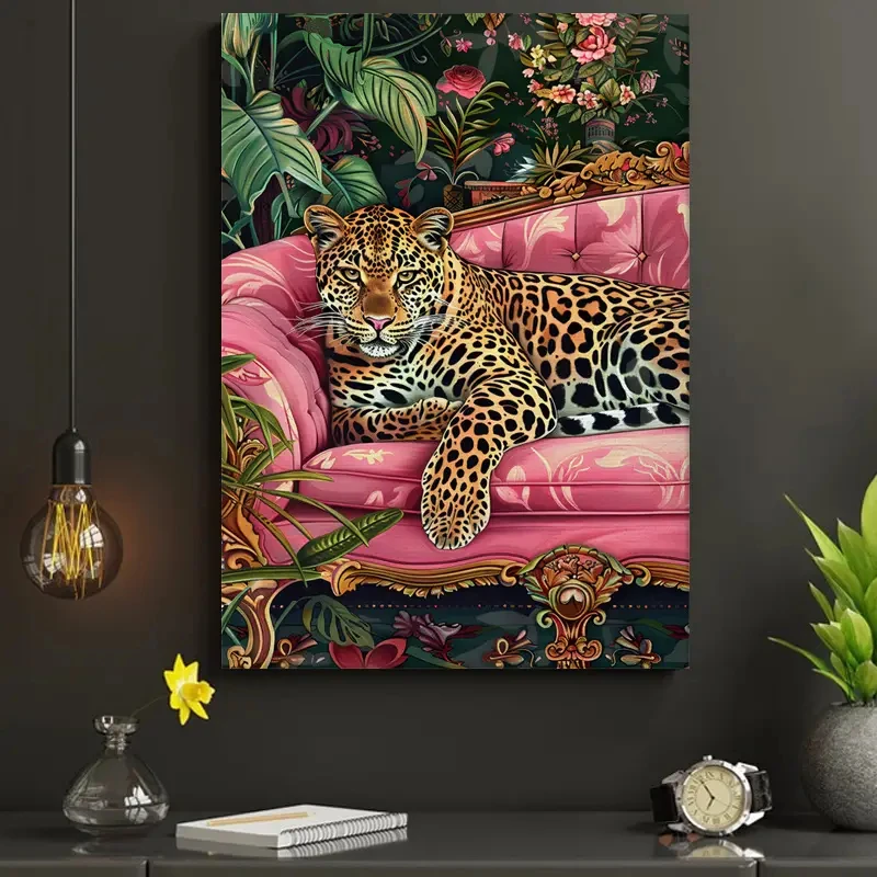 Modern Style Pink Sofa Tiger Canvas Prints Jungle Animal Wall Art Poster for Home Office Bedroom Living Room Decoration Cuadros