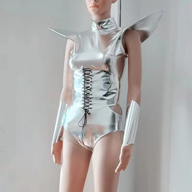 Moda argento laser spalla mosca body discoteca polsino bar gogo ballerino squadra performance festival costume cosplay con