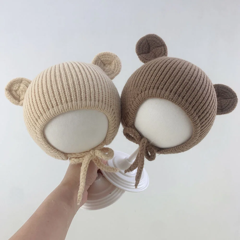 Cute Bear Crochet Baby Hat Soft Pompom Infant Girls Boys Cap Beanie Solid Winter Kids Knitted Warm Ear Protection Bonnet Hat