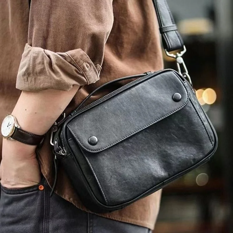 wmnuo Messenger Shoulder Bag Man Original Cowhide Soft Leather Brand Designer Crossbody Bag Male Box Square Handbag Black QX8130