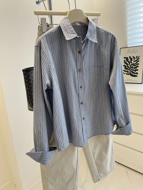 

Retro Striped Loose Long Sleeve Shirt Korean Style Casual Spring Autumn Fashionable Artistic Versatile Women's Cotton Blend S...