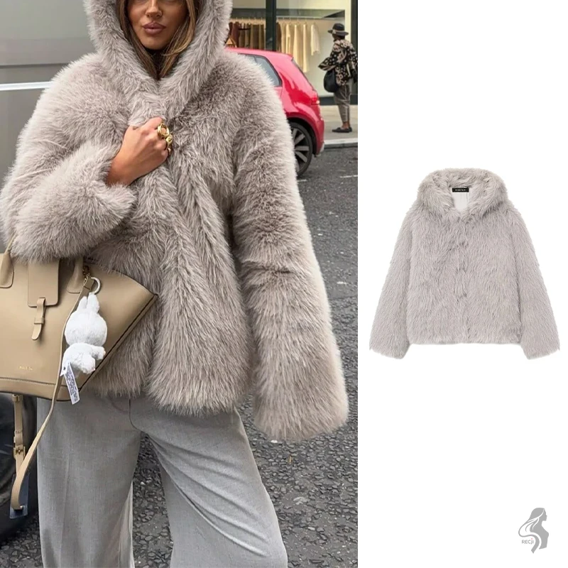 

Light Gray Plush Hidden Button Hooded Faux Fur Jacket Short Slim Fit Hooded Jacket Niche High End Winter Versatile Womens Wear