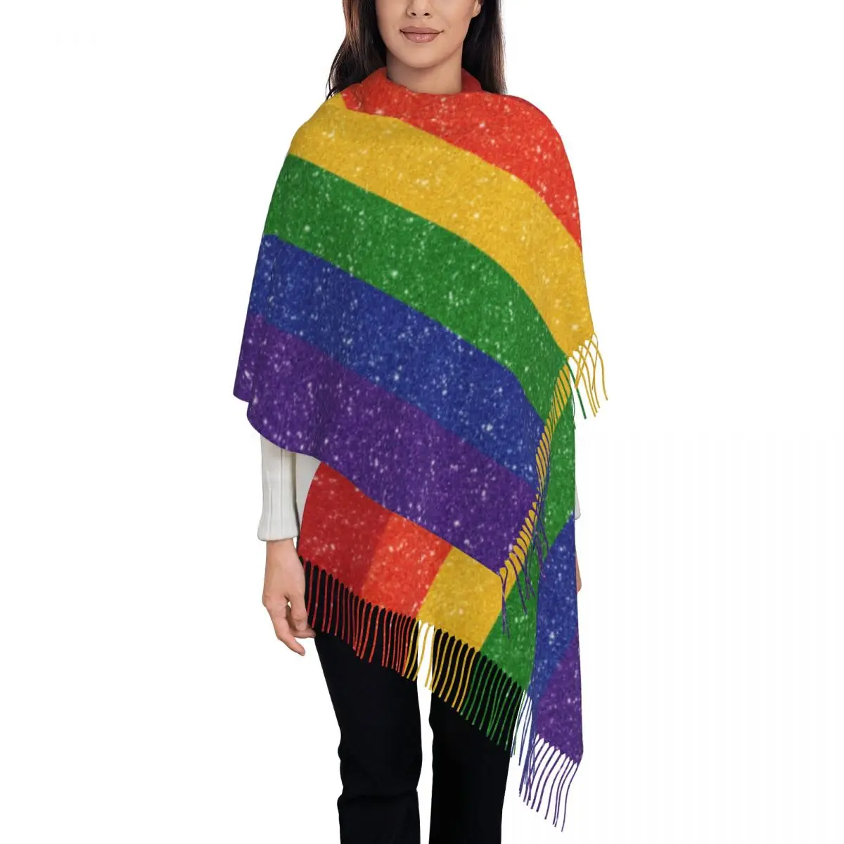 Faux Glitter Rainbow Pride Flag Scarf Wrap for Women Long Winter Warm Tassel Shawl Unisex LGBT Gay Lesbian Scarves