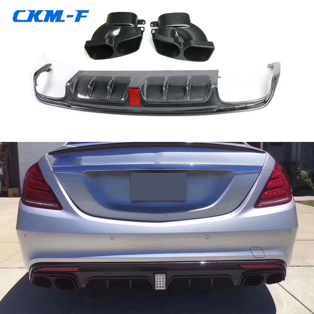 Carbon Fiber Rear Bumper Lip Diffuser Spoiler with Exhaust Muffer Tips For Mercedes Benz S Class W222 S63 S65 AMG 13-19 B Style