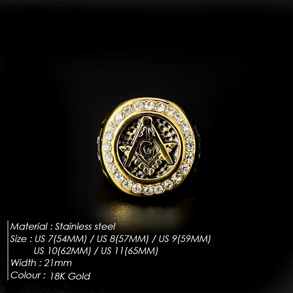 Men's 18K Gold Plated Stainless Steel Masonic Ring Vintage Freemason Signet Ring with Crystal CZ Stones Punk Biker Jewelry Gift